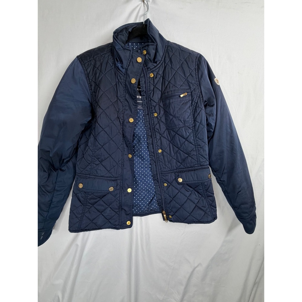 Ariat Quilted Barn Jacket Small Navy Blue Polka Dot Lining Equestrian Coat